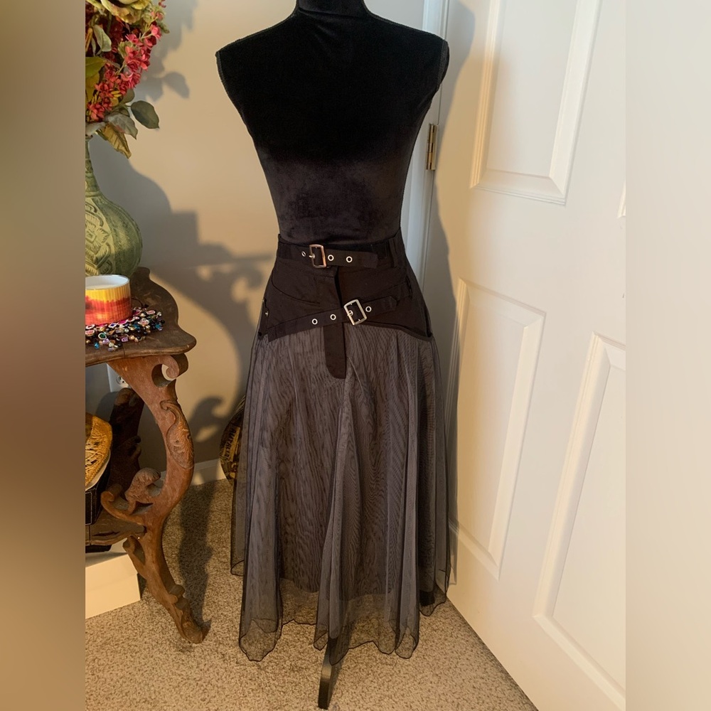 Asymmetrical Black Layered Mesh Skirt with Belt Detail